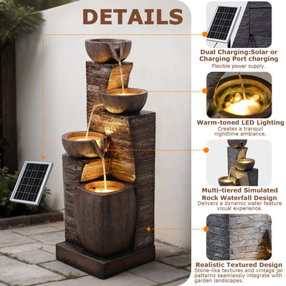 Pivotify 38.2" Tall Solar Powered Water Fountain for Outdoor,4 Tiers Modern Cascading Bowls and Stacked Stones Solar Fountains with LED Lights for Garden, Patio, Deck, Backyard and Home Art Decor