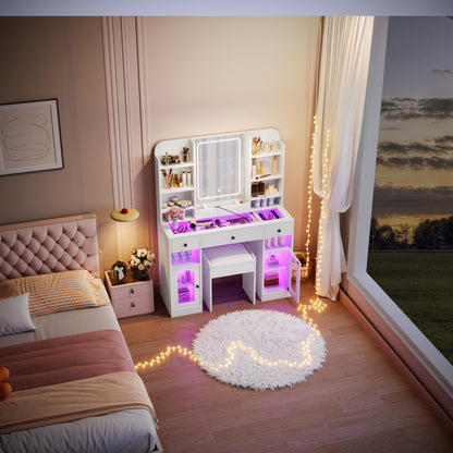 Merax 43.2" Vanity Desk with Mirror and Lights, Glass Top Vanity with RGB Glass Light Cabinets, Dressing Table with 3 Drawers, Storage Shelves and Stool