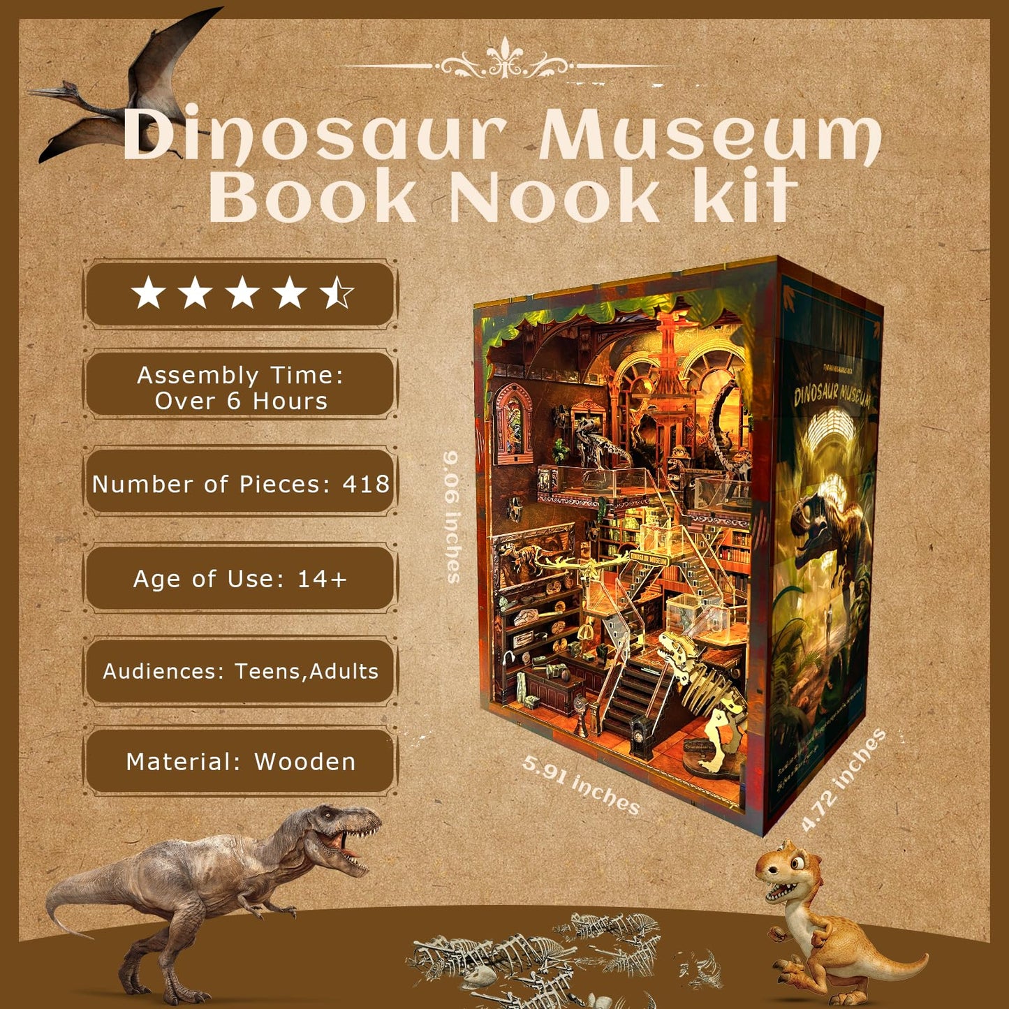 Book Nook Kit - DIY 3D Wooden Puzzle Miniature House with LED Lights - Creative Crafts for Adults - Bookshelf Insert Decor - Educational Gift for Family & Friends（Dinosaur Museum）