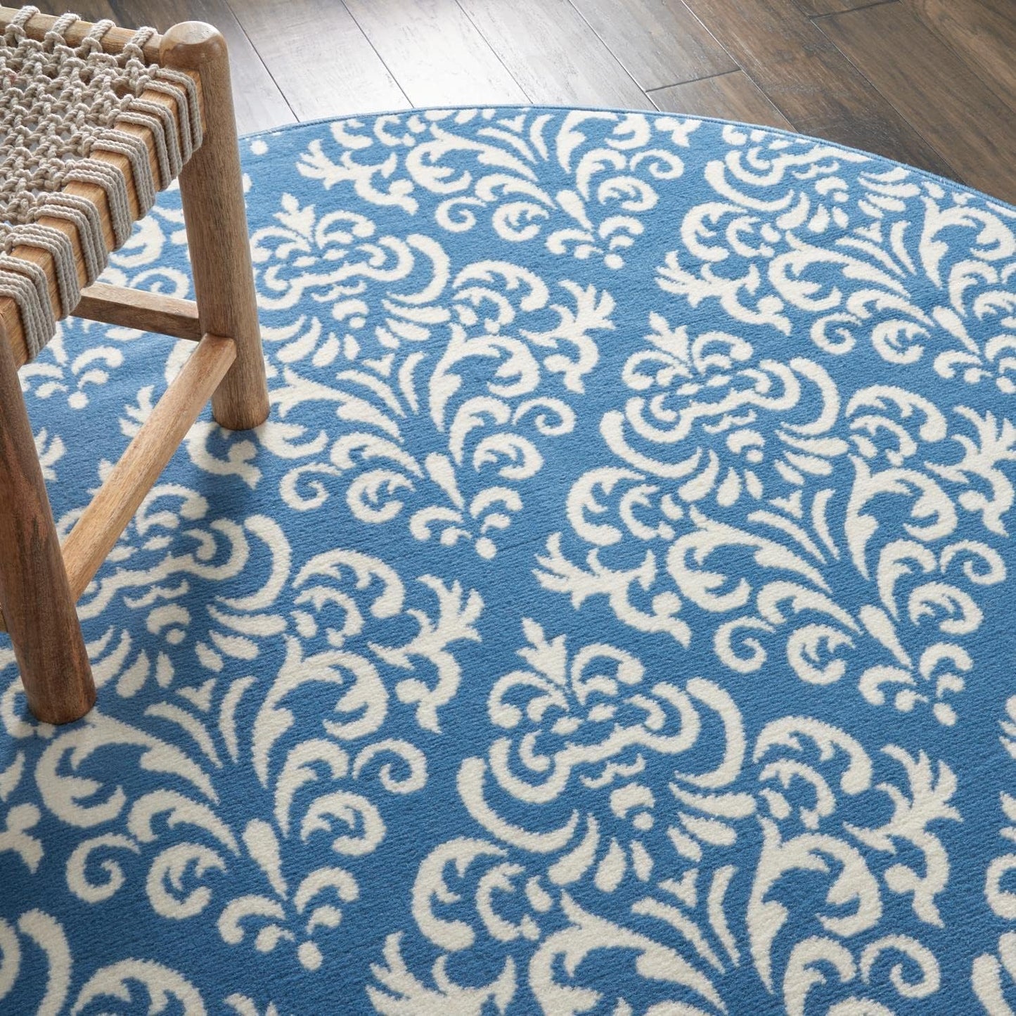 Nourison Grafix Damask Blue Area Rug, 5'3" x ROUND, Easy-Cleaning, Non-Shedding for Bedroom, Living Room, Dining Room,