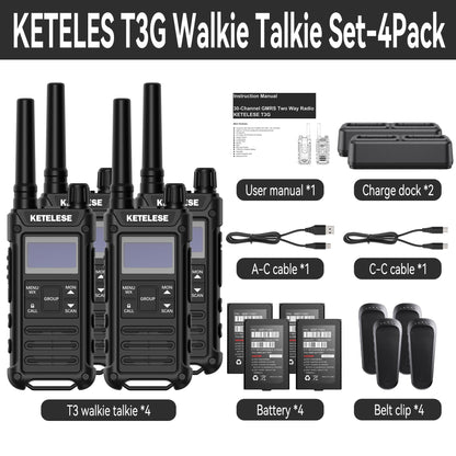 KETELESE T3G IP67 Waterproof Walkie Talkies Rechargeable, Heavy Duty 2 Way Radios with Earpiece and Mic, Dock, USB, NOAA Weather Alert, Group PTT (4 Pack), Black/Grey