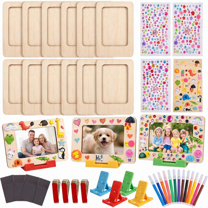 YOJO 12 Pack DIY Unfinished Wooden Picture Frame Kit, Mini Photo Frames with 12 Markers, Stickers, Magnetic Sheets, Stands & Clips for Fridge, Car Sun Visor & Desktop Decor, Creative Gift Set for Mother's Day Birthday Wedding