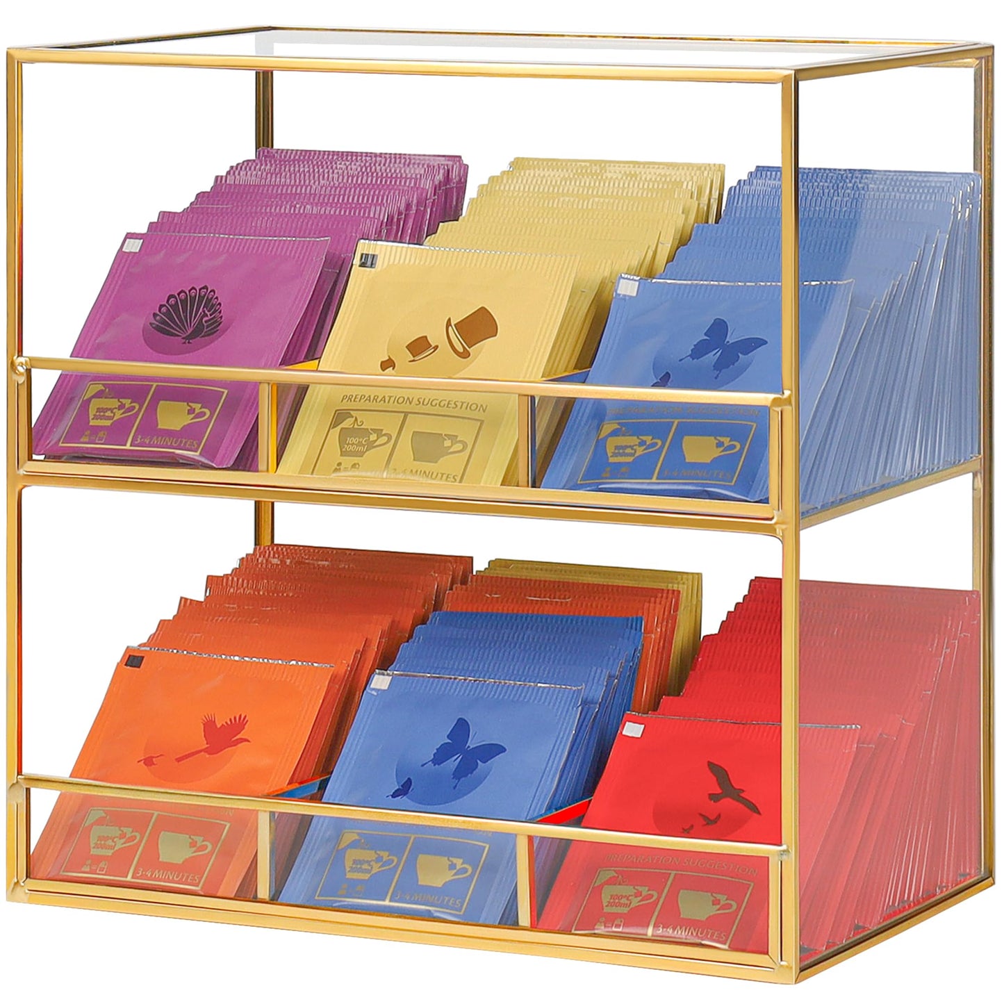 REDHUGO Glass Tea Bag Organizer for Counter, 2-Tier Teabag Organizer Storage Holder for Tea Bags, Glass Caddy Box Containers, Rack Teabag Station Stand for Cabinet Kitchen, 2-Tier, Gold