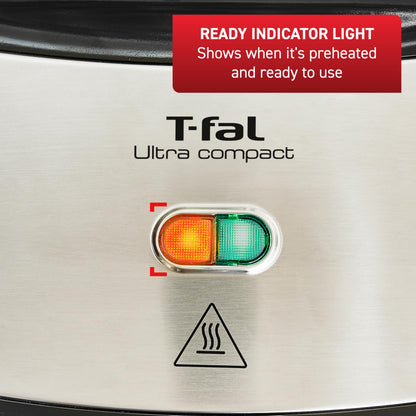 T-fal Compact Sandwich Maker, Stainless Steel, Easy to Clean, Indicator Lights, Cool Touch Handle, Grilled Cheese, Panini, 625 Watts, Black