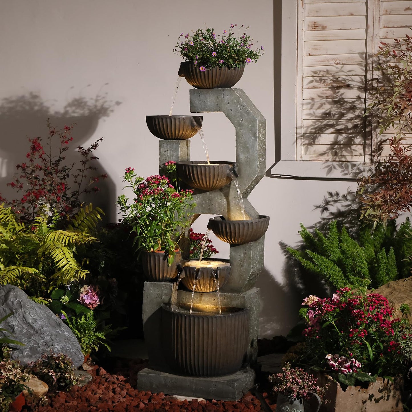 Bumilgar 57" Tall Large Outdoor Water Fountain with LED Lights, 6-Tier Cascading Bowl Waterfall Fountain, Modern Geometric Resin Garden Water Feature for Patio Yard Deck Porch Backyard Decor