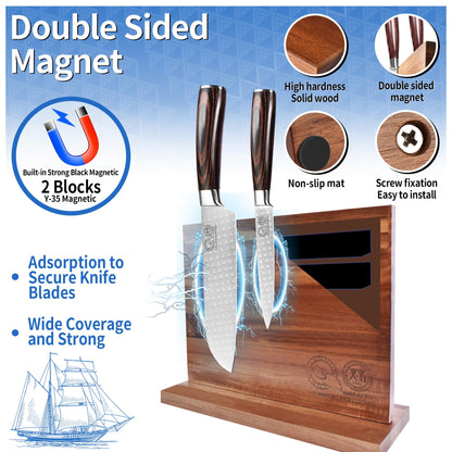 XYJ Authentic Since 1986, Magnetic Knife Block, Double Side Kitchen Knife Stand, Acacia Wood, Magnetic Knife Holder with Strong Enhanced Magnets,Knives Storage Rack Stand for Home Kitchen