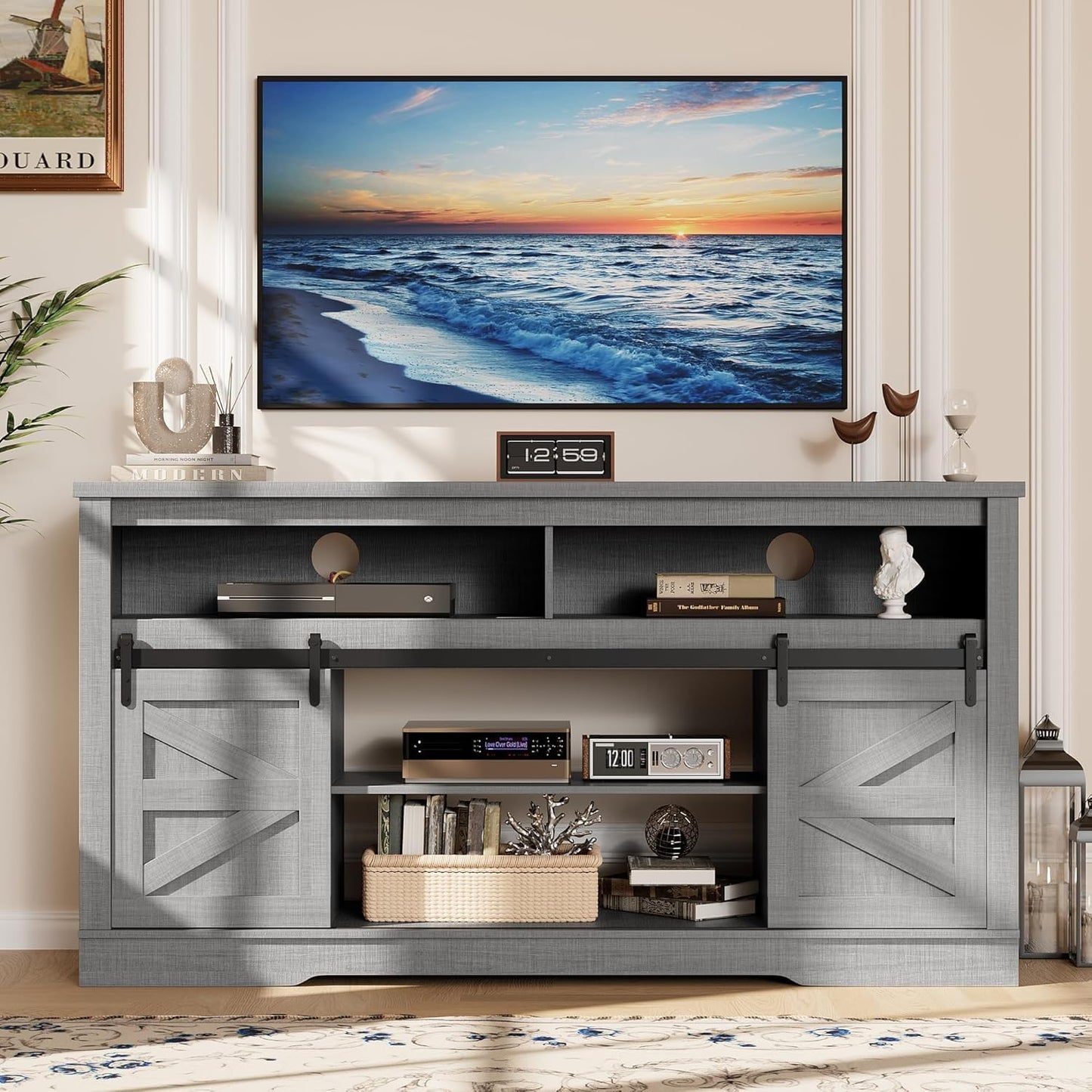 YESHOMY Fireplace TV Stand for Television up to 65+ Inch with Storage and Farmhouse Sliding Barn Doors, Entertainment Center with Cabinet and Shelves, Media Console for Living Room,Gray