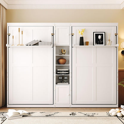 Merax 110W Dual Twin Wall Murphy Beds with Cabinets and Shelves,Sleeping Arrangement for Multipurpose Area, Bedroom, Guest Room or Living Room,White