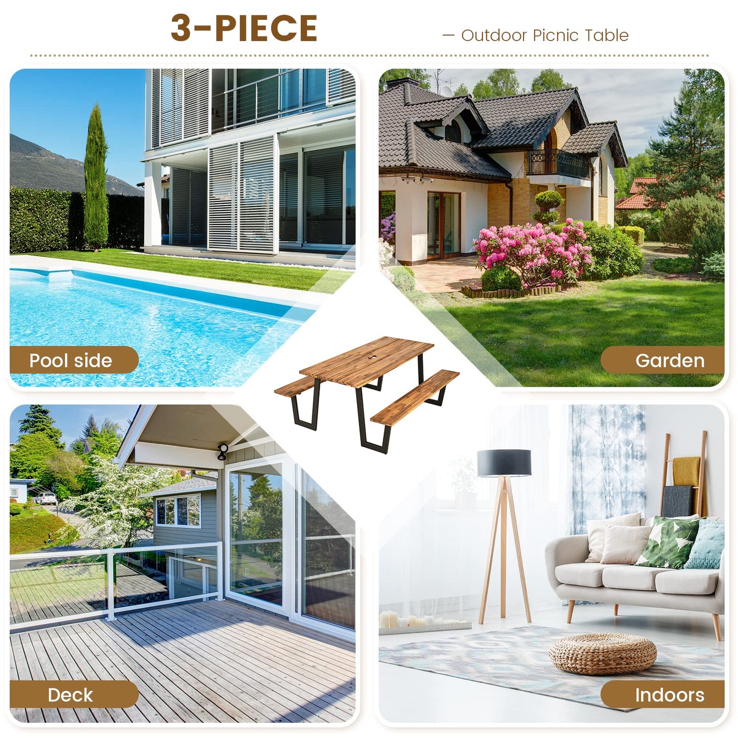 HOMGX Picnic Table, 6 Ft Dining Table with 2 Umbrella Hole, Table Bench Set with Heavy-Duty Metal Frame, Acacia Wood Picnic Table for Outdoor, 6-8 Person, Patio, Lawn, Party, Garden, Natural & Black