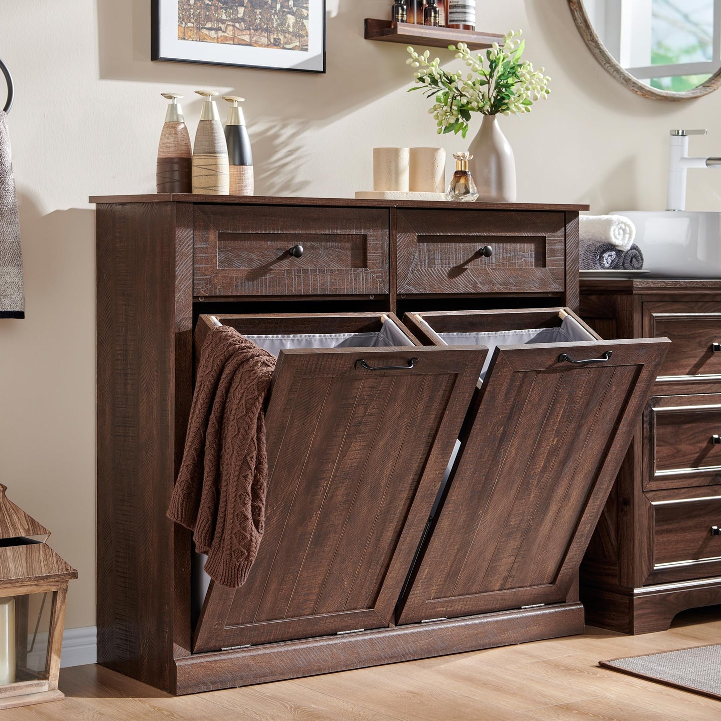 IFGET Double Tilt Out Trash Cabinet, 20 Gallon Farmhouse Laundry Hamper Cabinet with 2 Drawers, Hidden Wooden Trash Can Cabinets with Storage Basket for Kitchen, Living Room (Brown)