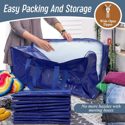 Skiennix 6 Pack Extra Heavy Duty Moving Bags - Strong Zipper & Comfortable Handles | Durable Blue Storage Totes