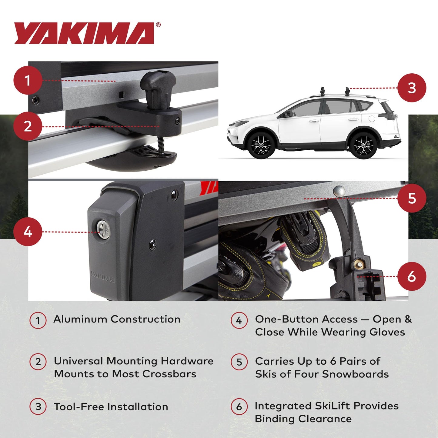 YAKIMA, FreshTrack Ski & Snowboard Mount, Fits Most Roof Racks, 6 Ski Pairs/2 Snowboards