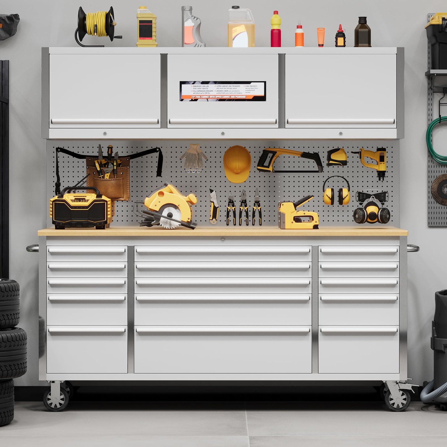 Heavy Duty 61" Tool Chest Cabinet, Mobile Garage Workbench with 15Drawers and Power Strip, Rubber Wood Worktop, 1675 LBS Load, Rolling Tool Storage Organizer for Mechanic, Shop or Home Use