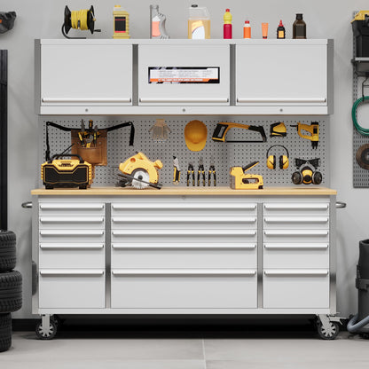 Heavy Duty 61" Tool Chest Cabinet, Mobile Garage Workbench with 15Drawers and Power Strip, Rubber Wood Worktop, 1675 LBS Load, Rolling Tool Storage Organizer for Mechanic, Shop or Home Use