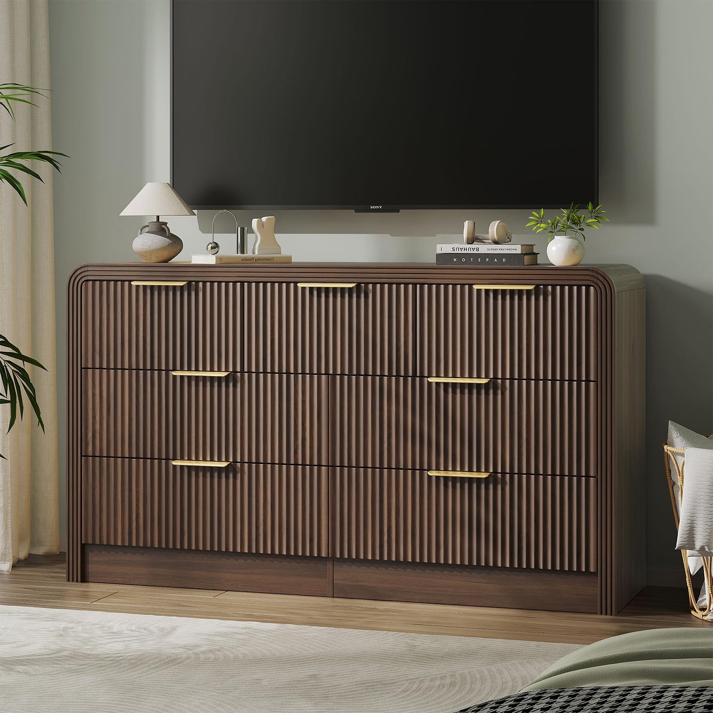 Decofy Fluted Drawers Dresser for Bedroom, Wood Dressers with Gold Handles, Modern Dressers with Wave Texture, Large Storage Chest of Drawers, Bedroom Dresser Organizer 55'' & 7 Drawers (Walnut)