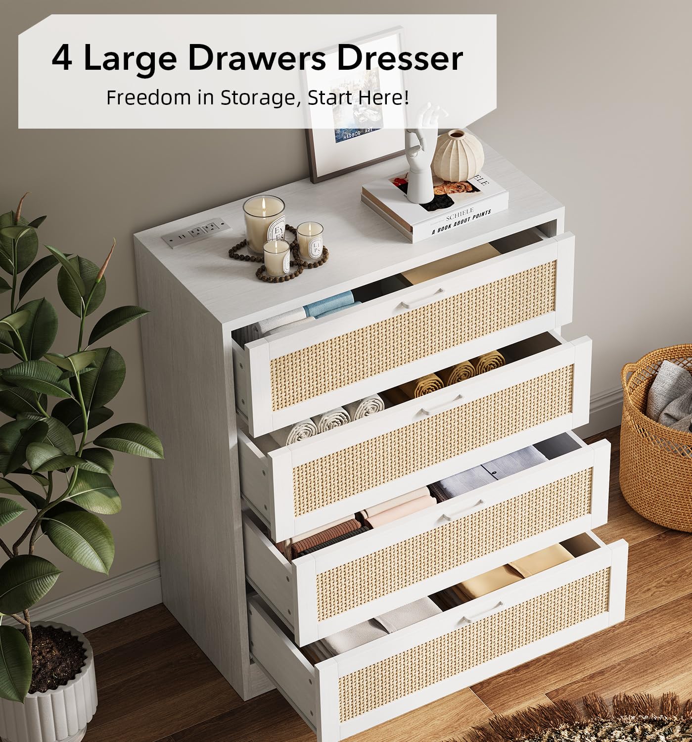 GarveeHome Rattan Dresser, Tall Chest of Drawers, Wood Dresser for Bedroom, Closet, Living Room, Hallway (White, 15.8" D x 31.5" W x 38.6" H (4 Rattan Drawers))