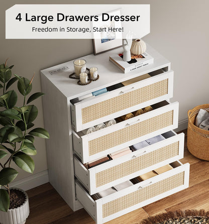 GarveeHome Rattan Dresser, Tall Chest of Drawers, Wood Dresser for Bedroom, Closet, Living Room, Hallway (White, 15.8" D x 31.5" W x 38.6" H (4 Rattan Drawers))