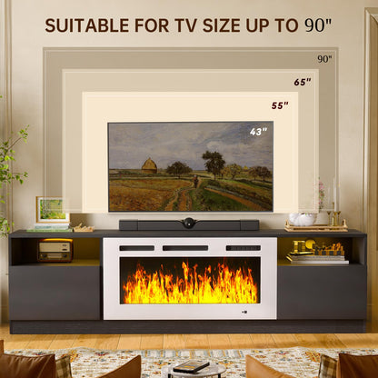MXV 80" Fireplace TV Stand for TVs Up to 90", LED Light Entertainment Center with 36" Electric Fireplace, Modern Wood Texture TV Media Console with Highlight Storage Cabinet, Black-White