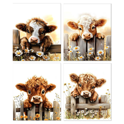XUNLURY Rustic Highland Cow Diamond Art Kits 4 Pcs, Farmhouse Baby Highland Cow Diamond Painting Kits for Kids Adults Beginners, Full Drill Diamonds Dots for Home Decor, 9.8x11.8 Inch
