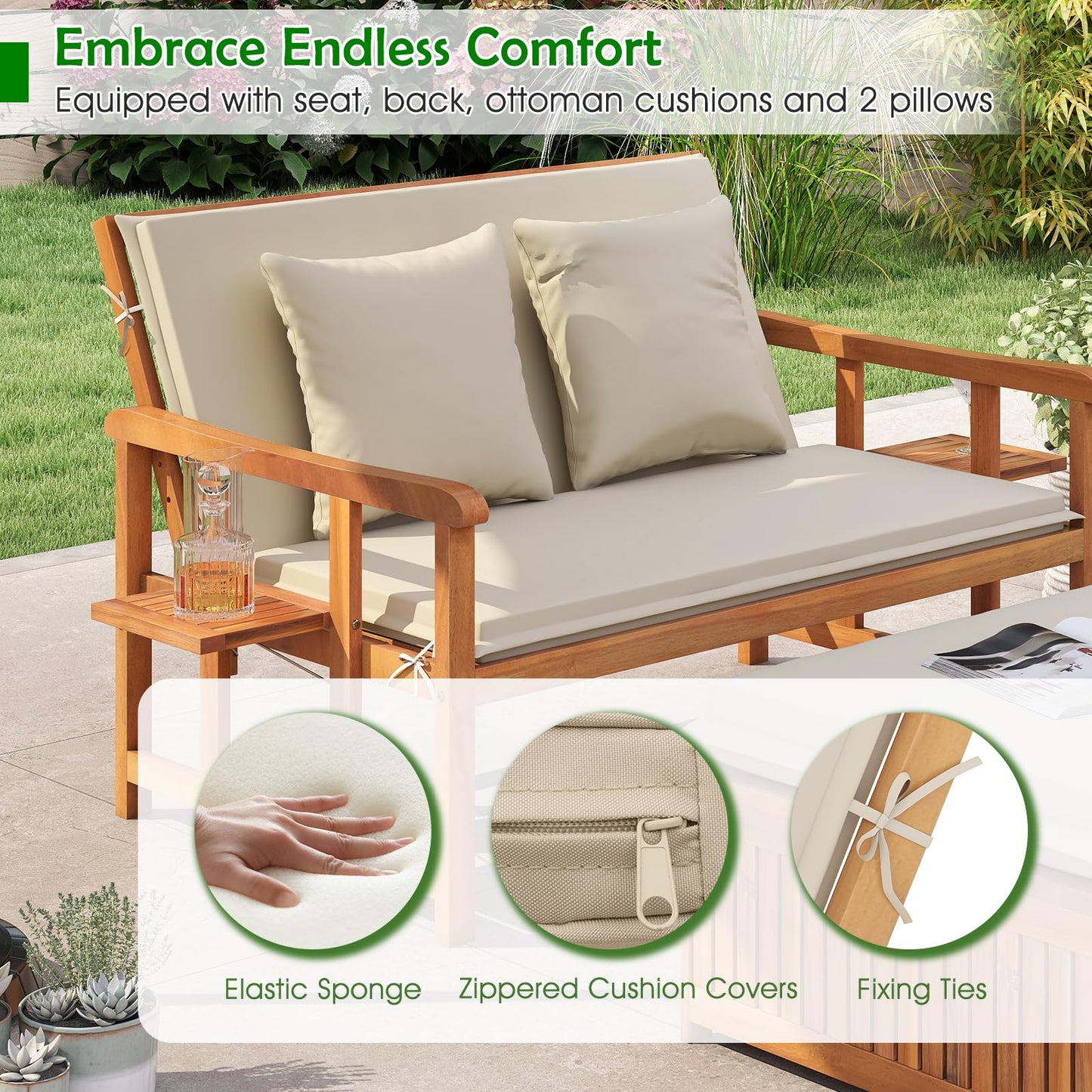 LDAILY Moccha Acacia Wood Outdoor Daybed - Wooden Loveseat Sofa with 4-Level Backrest, Storage Ottoman, Cushions, Outside Sunbed, Double Bed Lounger for Backyard Porch Pool Patio Furniture Set