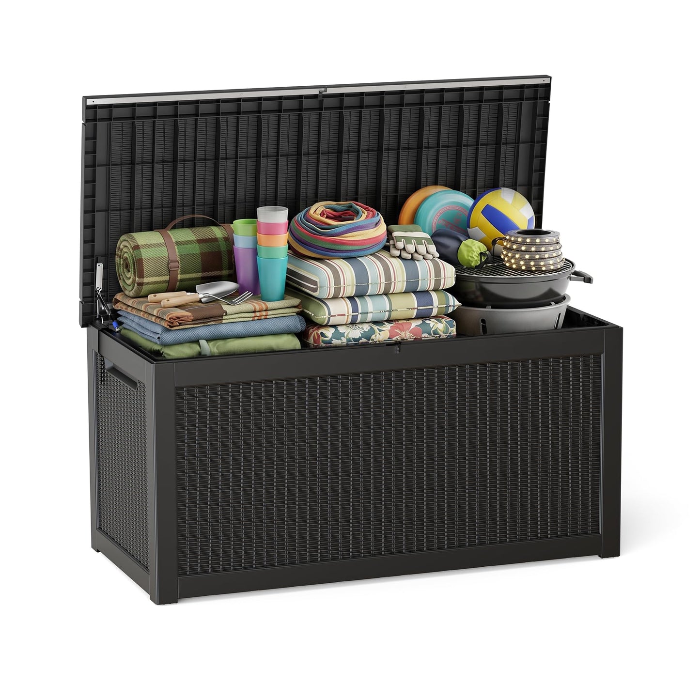 ROJIK 320 Gallon Deck Box Outdoor Waterproof,Weatherproof Outdoor Storage Boxes Lockable with Lid,Outside Resin Storage Bench for Patio Cushions,Garden Tools and Pool Accessories(Black)