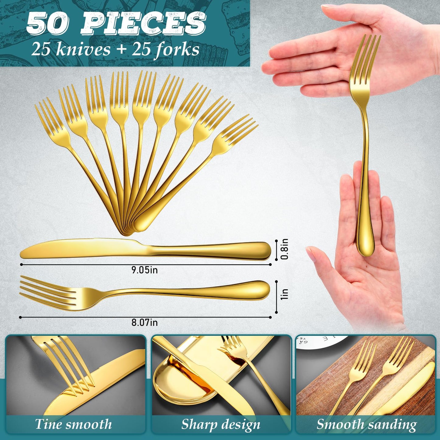 Nuenen 50 Pieces Stainless Steel Forks Silverware Set Dinner Forks and Knives Flatware Tableware Cutlery Set for Kitchen Restaurant(8.07 x 0.94 Inch, 9.06 x 0.79 Inch,Gold)