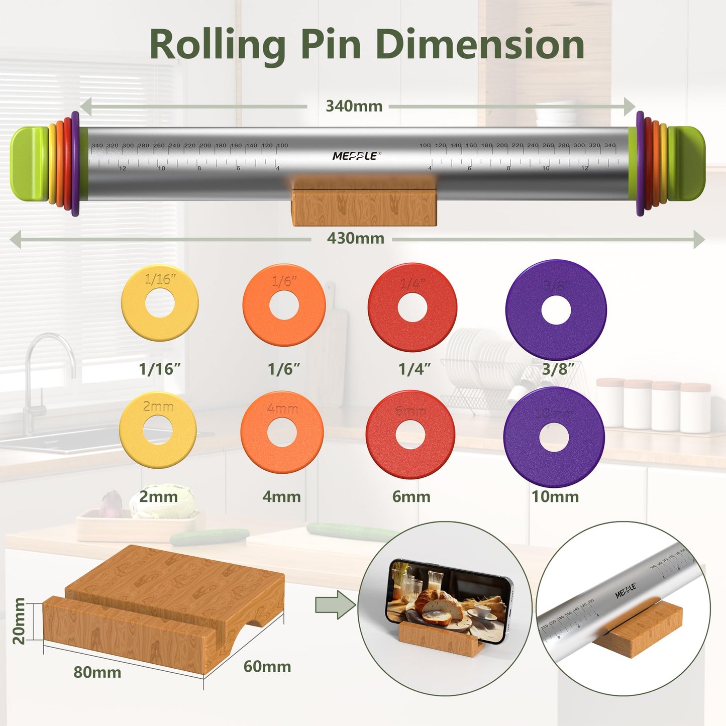 Mepple Stainless Steel Rolling Pin with Thickness Rings for Fondant, Pizza, Cookie, Pastry, Pie,Roller Rod for Dough Thickness,Rolling Pin for Baking, 13.6" with 4 Thickness Rings and Wooden Stand