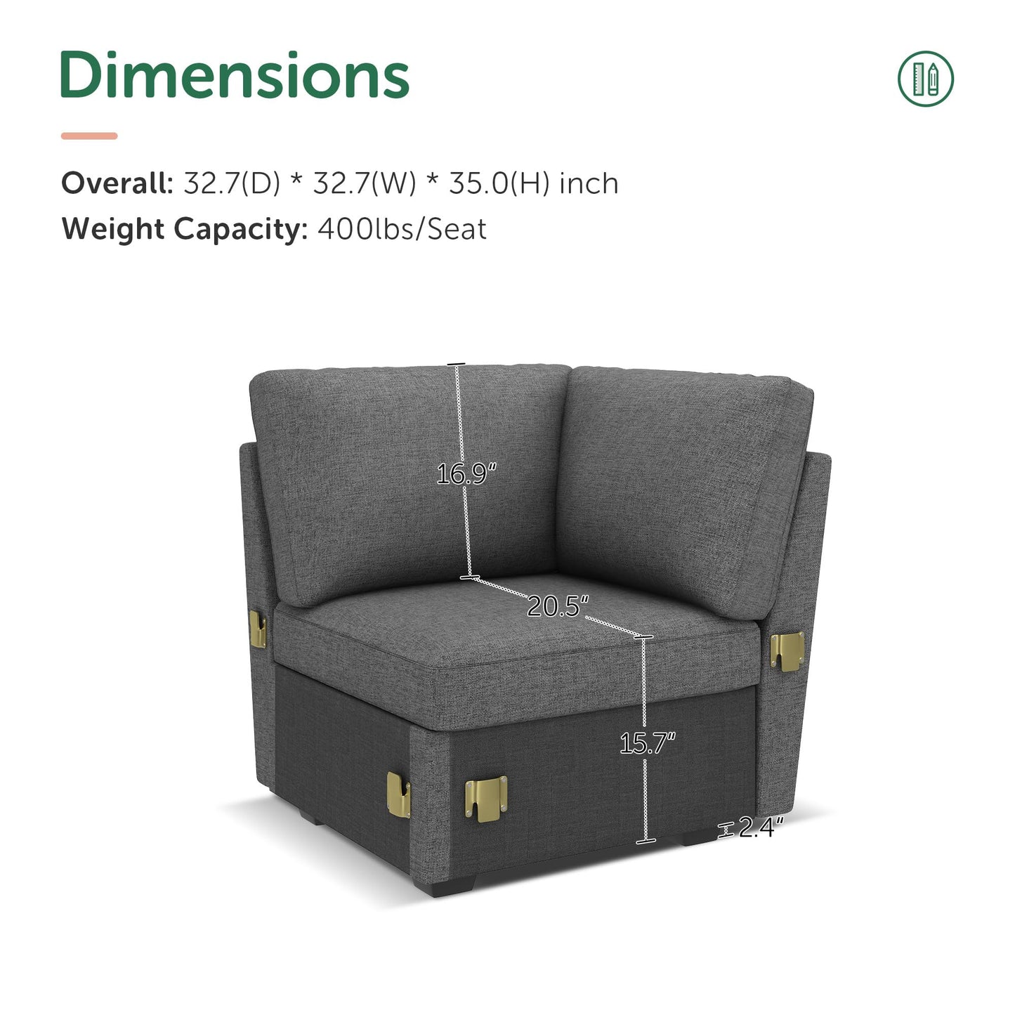 HONBAY Corner Seat for Sectional Sleeper Sofa, Corner Module for Modular Sleeper Couch with Pull Out Bed, Dark Grey