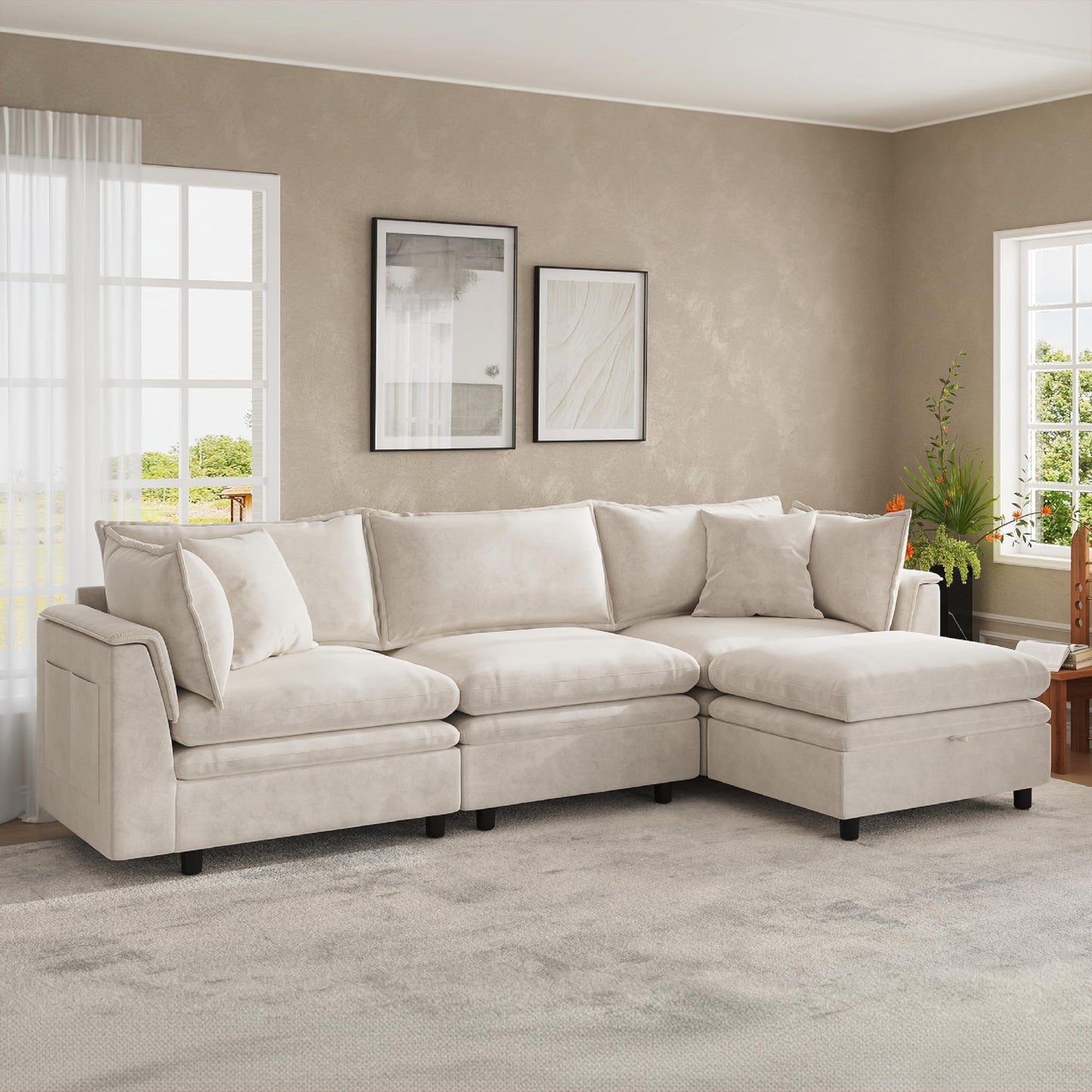 Attalee 113.4'' Modular Sectional Couches for Living Room with Storage Ottoman, Modern Comfy Deep Seat Sleeper Upholstered Cloud Couch Sofa, Oversized 4-Seat L Shaped Couch with Throw Pillows, Beige