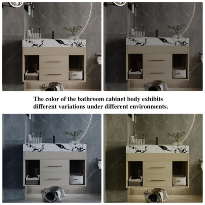 KEIKI 29.9" Bathroom Vanity with Undermount Sink Combo, Modern Floating Vanity Cabinet with 2 Drawers & Open Side Shelves, Storage Wall Mounted Cabinet for Small Space, Apricot‌ Marbe