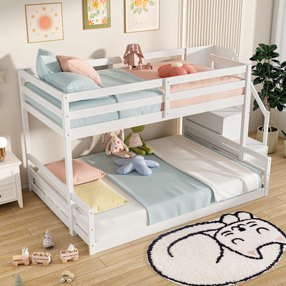 Giantex Twin Over Full Bunk Bed with Stairs, Solid Wood Floor Bunk Bed with Storage Staircase & Full-Length Guardrails, Low Bunk Bed with for Kids, Teens, Adults, Dorm, Small Space, White