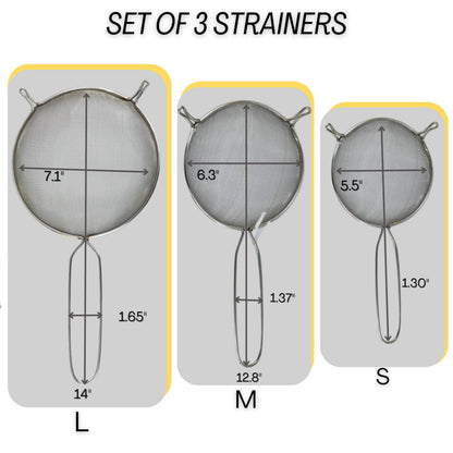 Mesh Strainers - Stainless Steel Fine Mesh Strainer - Colander-Skimmer with Handle - Sieve Sifters for Food - Strainer Sieve - Set of 3 Kitchen Strainers