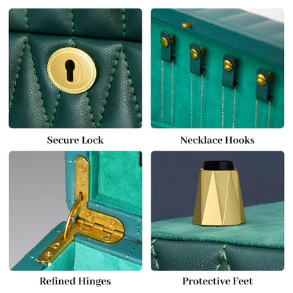 Homruilink Genuine Leather Jewelry Box – 3 Layer Large Jewelry Organizer with Mirror, Lockable Jewelry Box for Women – Necklace, Ring, Earring Organizer with Drawer - Ideal Gift (Green)
