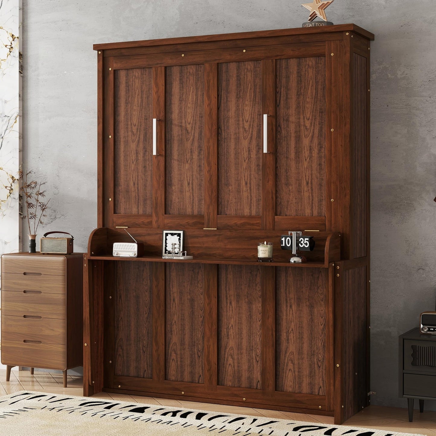 Ball & Cast Queen Size Murphy Bed W/Desk,Horizontal Hidden Wall Bed W/Gas Struts,Space-Saving Murphy Bed Cabinet for Home Office,Apartment,Guest Room,Walnut