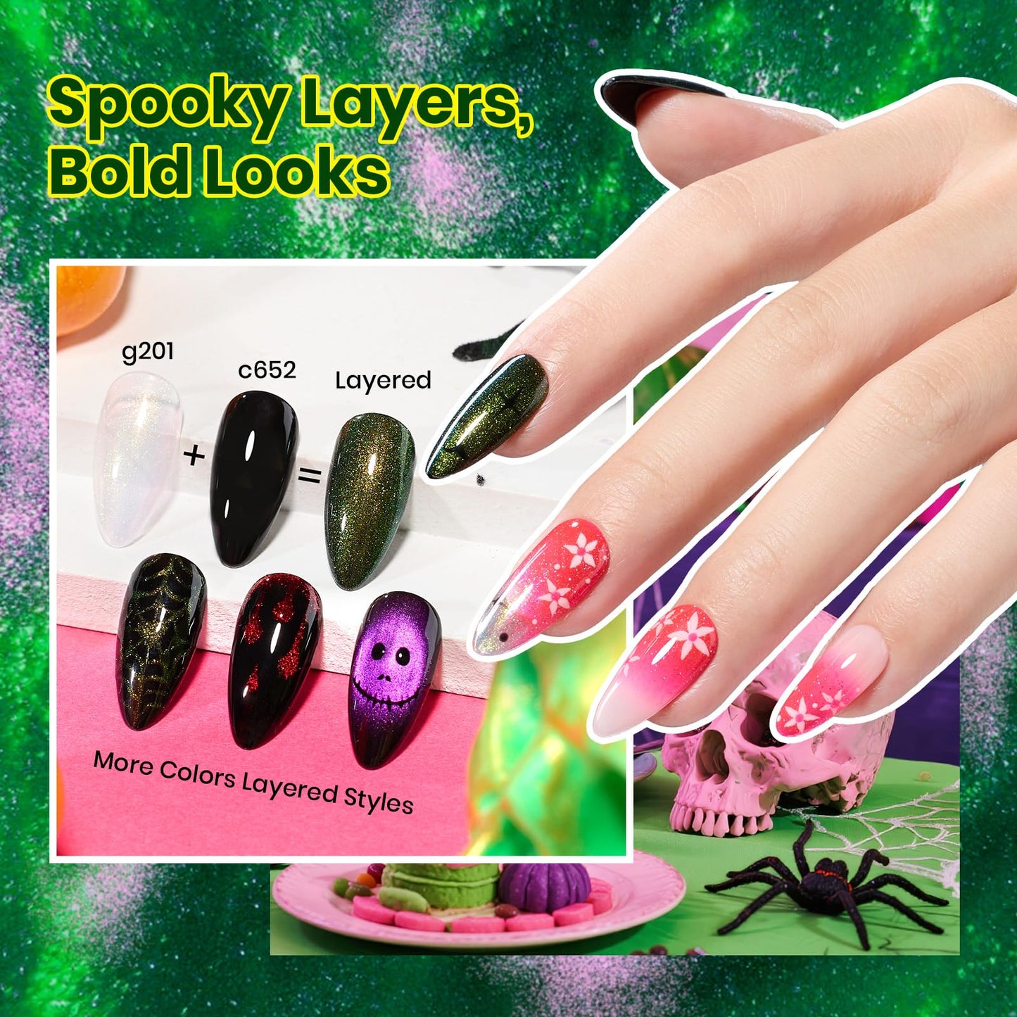 Beetles Halloween Gel Nail Polish Set – Wicked Mystic 8 Colors Gel Polish Kit, Gold Silver Black Green Blue Cat Eye Purple Red Glitter with Nail Art Accessories UV LED Soak Off Manicure Gift for Women