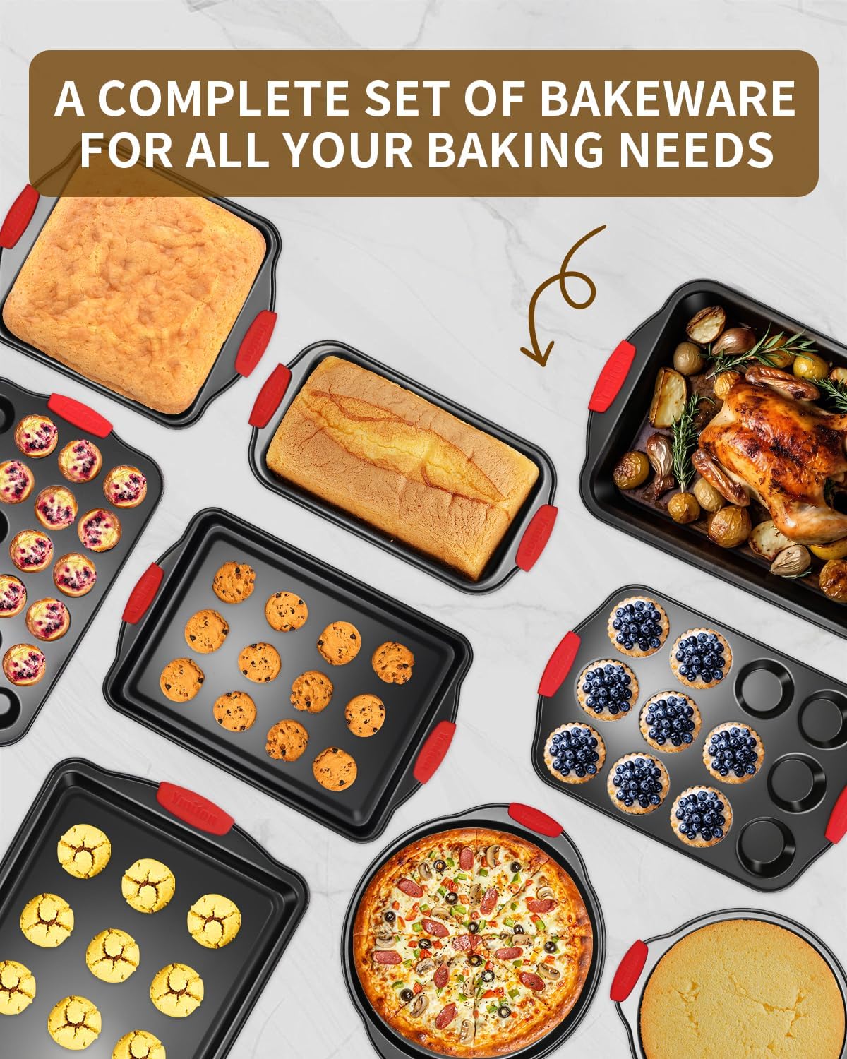 Skiennix Baking Pans Set - 34 PCS Nonstick Bakeware with Silicone Handles | Includes Cookie Sheet, Cake Pans, Muffin Pan & More