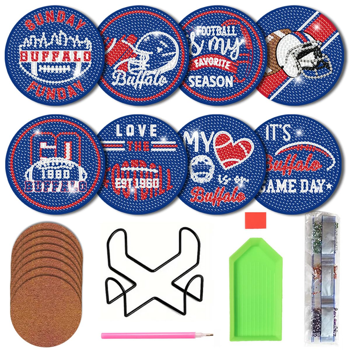 Bartogro 8 Pcs Diamond Painting Coaster Kits, DIY Football Diamond Art Coasters with Holder Sports Diamond Art Crafts Supplies for Buffalo Design