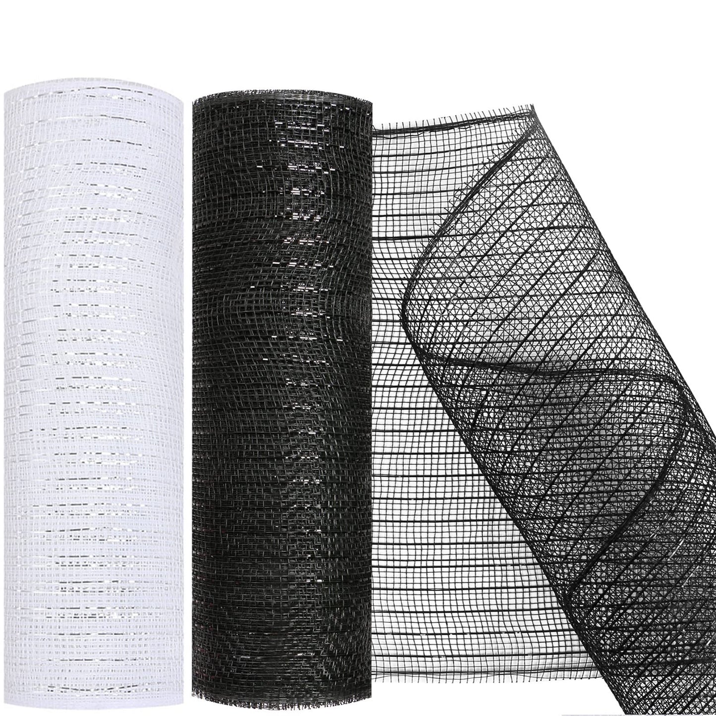MIKIMIQI 2 Pack Deco Mesh 10 Inch x 30 Feet Decor Mesh Ribbon with Metallic Foil Deco Mesh Wreath Supplies Ribbon Mesh Roll for Spring Wreaths Craft Party, Not Wired (White Black)