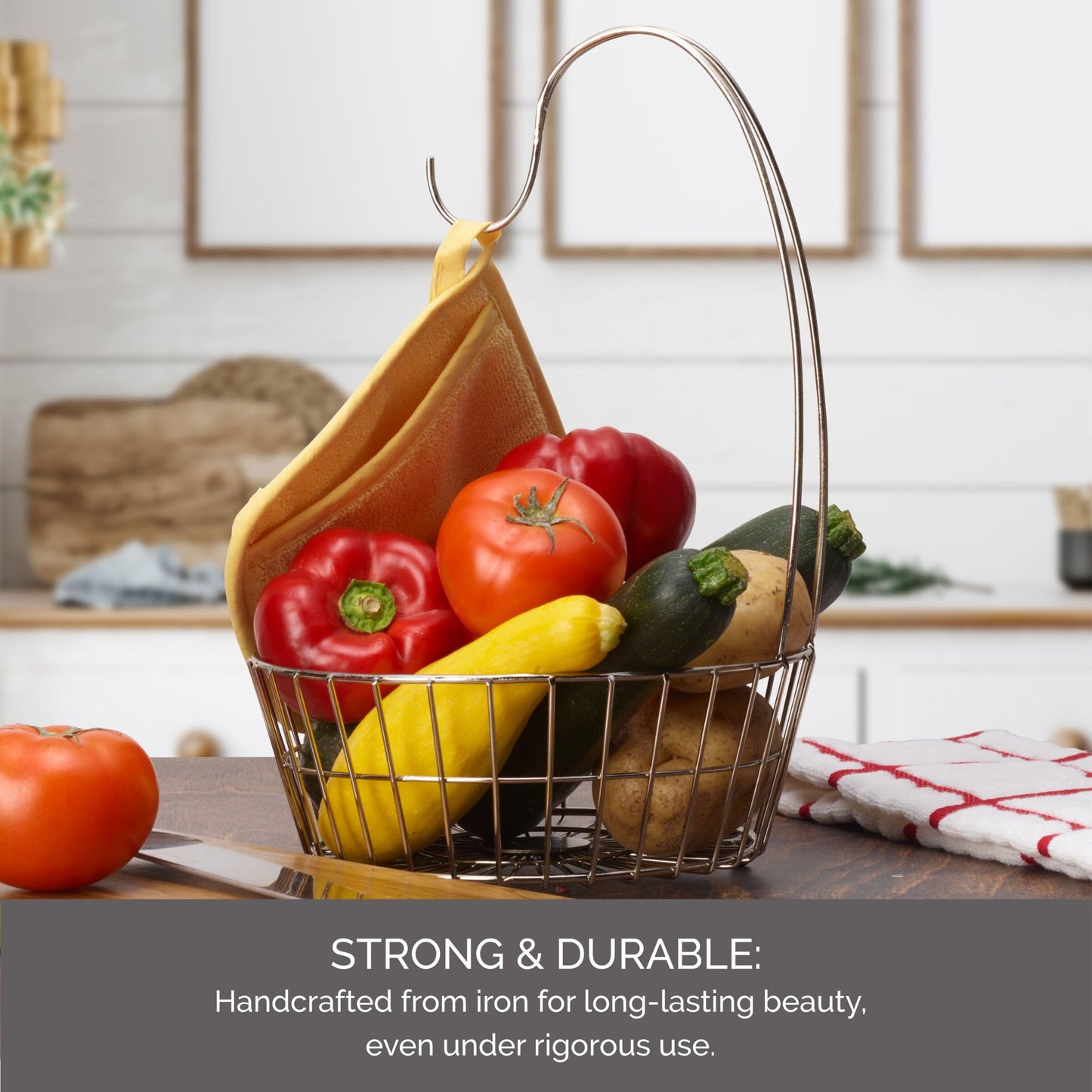 Gourmet Basics by Mikasa Geneva Countertop Fruit Basket with Banana Hanger – Nickel-Finish Metal Storage Stand for Kitchen Countertop Organization