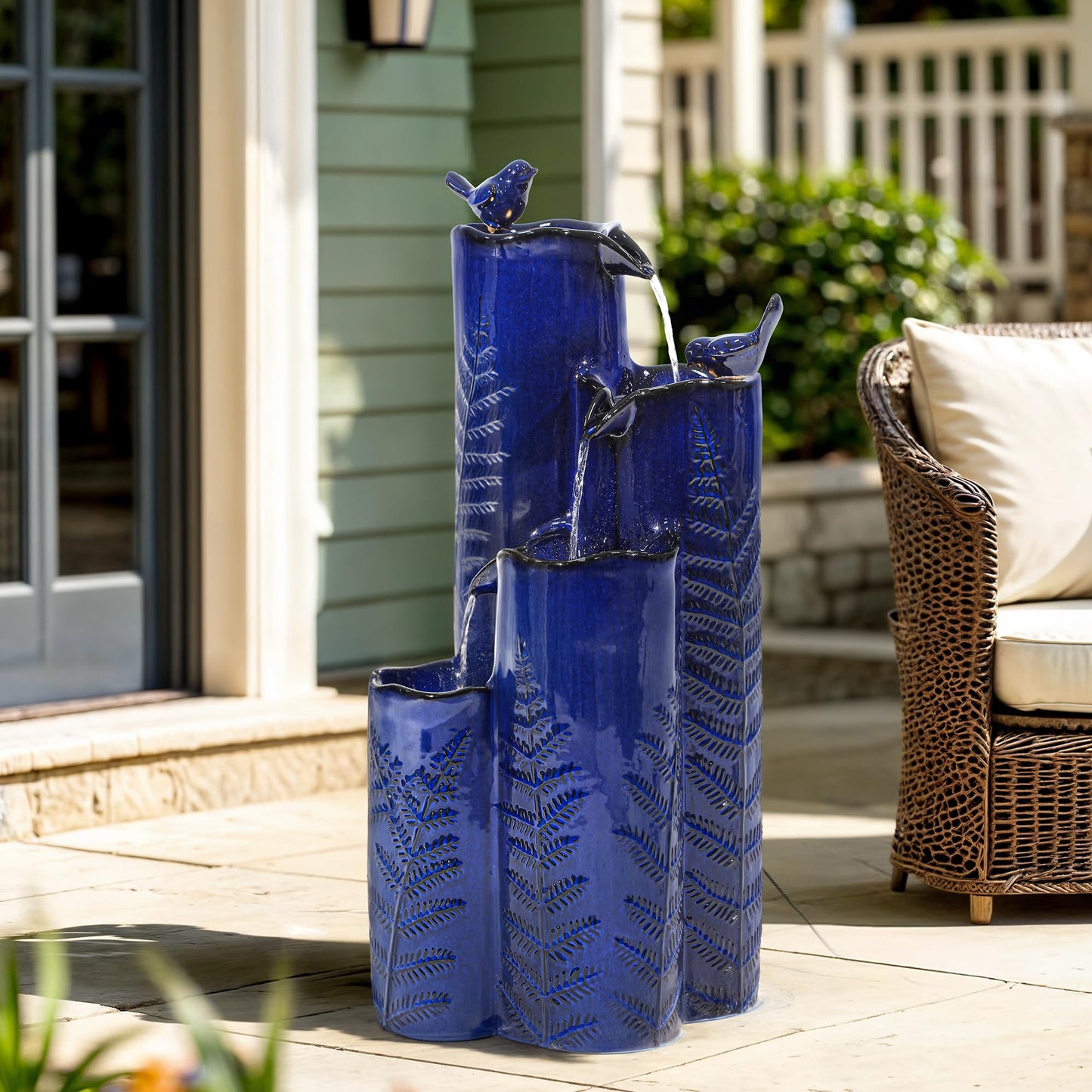 Autodaya 32" H Ceramic Outdoor Water Fountain with LED Lights, 4-Tier Vase Outdoor Fountain, Cobalt Blue Glaze, Embossed Fern Pattern, Cascading Waterfall for Tranquil Garden, Patio, or Porch