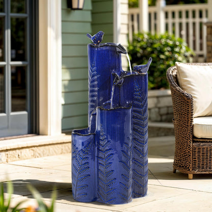Autodaya 32" H Ceramic Outdoor Water Fountain with LED Lights, 4-Tier Vase Outdoor Fountain, Cobalt Blue Glaze, Embossed Fern Pattern, Cascading Waterfall for Tranquil Garden, Patio, or Porch