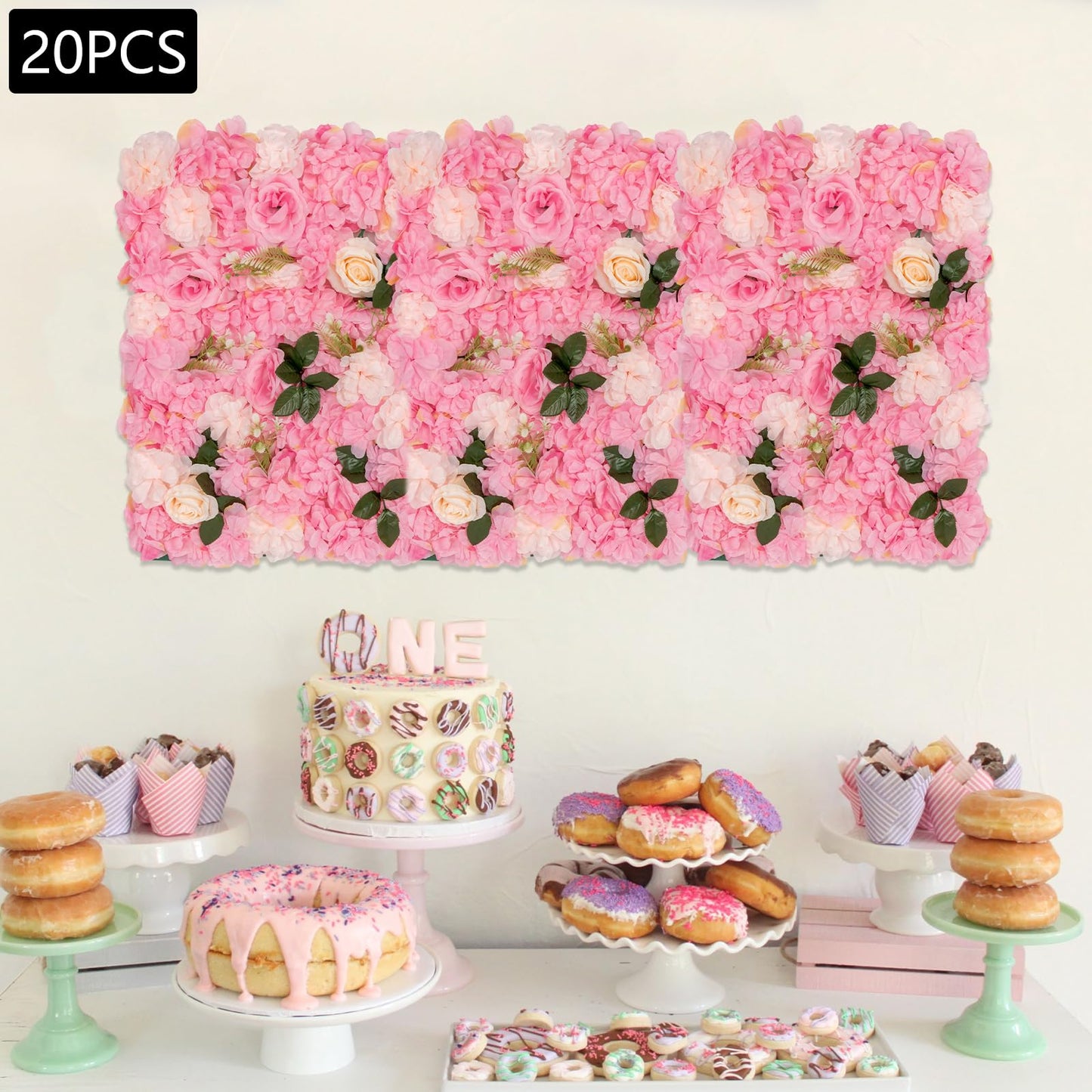 Unnsiapit Artificial Flower Wall Backdrop, 20Pcs Background Panels Floral Wall Privacy Screen Decorative Fences for Party Wedding Garden Outdoor, W23.6*H15.8in, Pink & White & Green