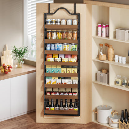 Freexployer 8-Tier Spice Rack Wall Mount, Heavy-Duty Over the Door Pantry Organizer with Wooden Adjustable Basket, 2 IN 1 Wall Mount or Hanging Pantry Door Organizer,Door Spice Rack for Pantry, Black