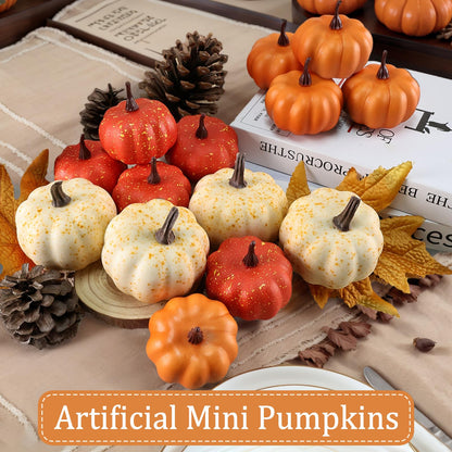 LZNPA 16PCS Artificial Mini Fake Pumpkins Set with Fall Leaves，Foam Plastic Carvable DIY Small White Craft Pumpkins Decor for Thanksgiving Halloween Home Fall Porch Table Decor