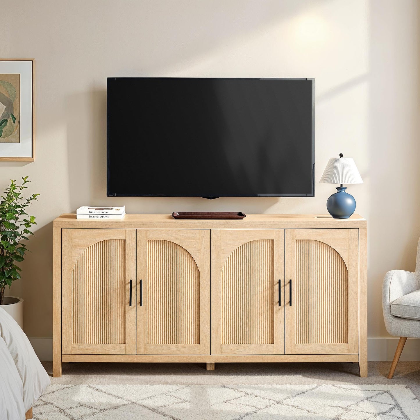 Walker Edison Sasha 4-Door Reeded Sideboard Buffet with Cord Management, 60 Inch, Coastal Oak