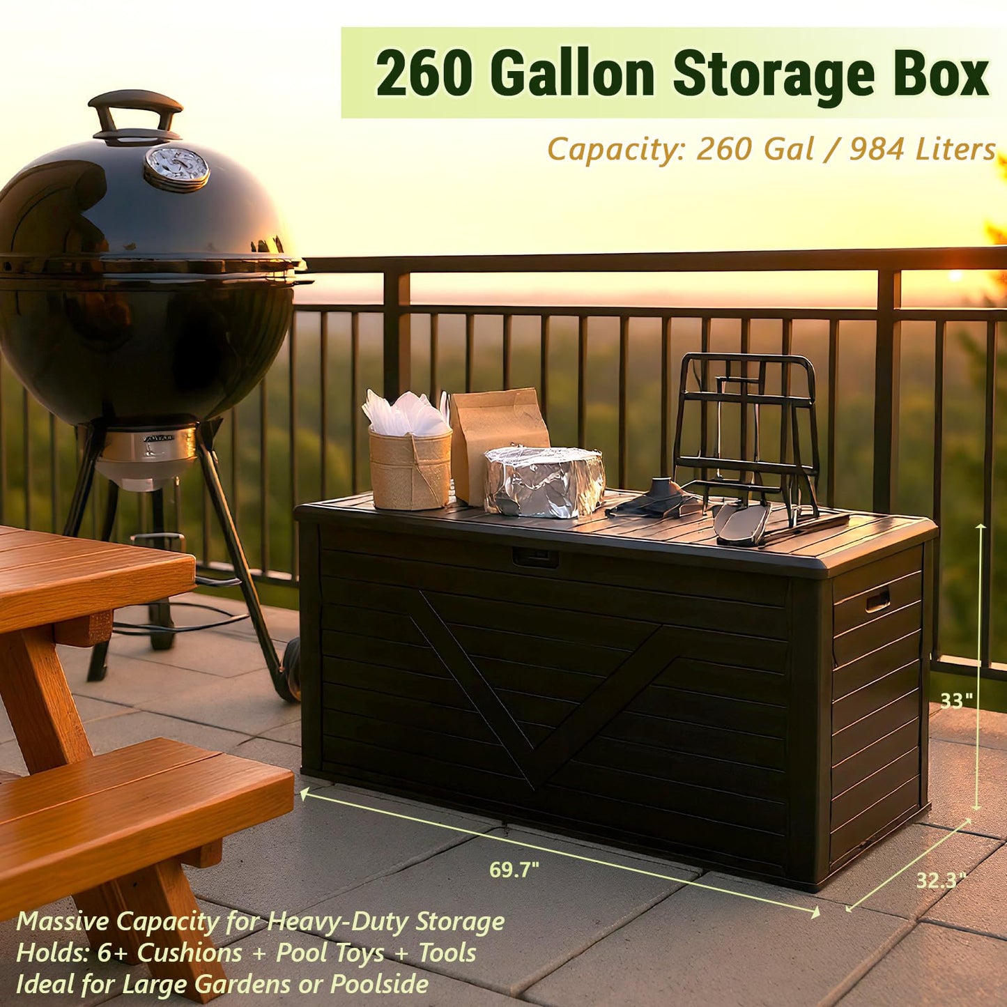 MAKE CHANGES Outdoor Storage Box,260 Gallon Deck Box Outdoor Storage Bench Outside Waterproof Resin Storage Bench, Lockable Patio Cushions, Garden Tools Storage For Furniture, UV Resistant