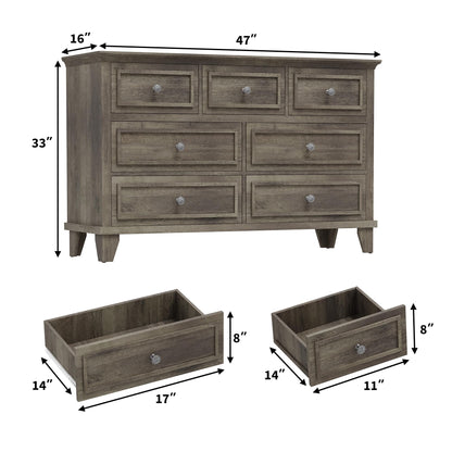 IDEALHOUSE 7 Drawer Dresser, Large Wooden Storage Chest of Drawers with Exquisite Metal Handles, 47" Wide Dresser TV Stand, Drawer Organizer for Bedroom, Living Room, Hallway, Entryway, Grey