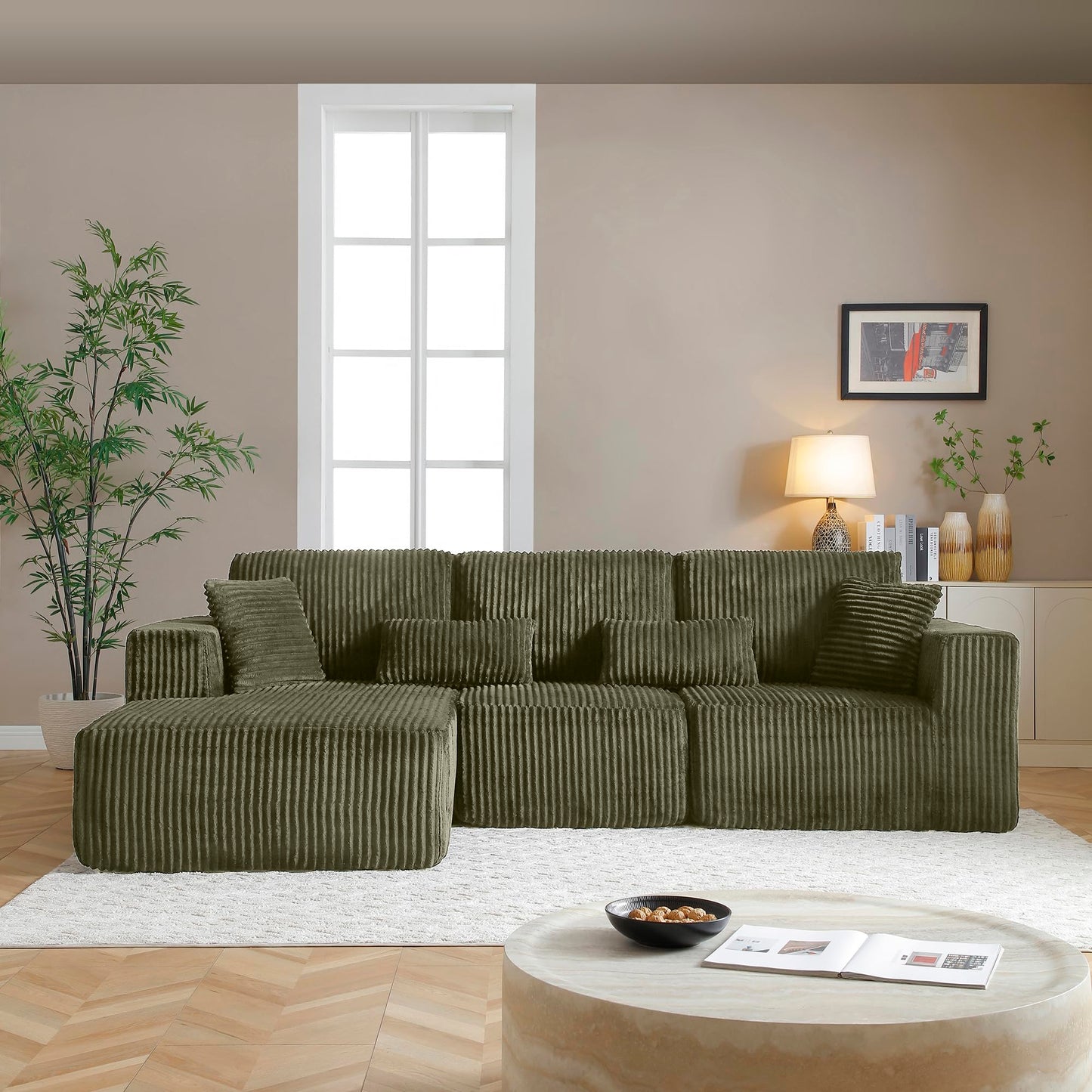 109" Modular L-Shaped Corner Cloud Sofa Corduroy Modular Couches with Deep Seat, 3 Pieces Compressed Boneless Sofa W/Left Chaise Lounge and 4 Pillows for Living Room