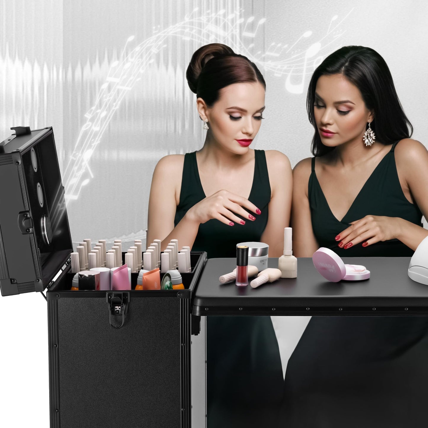 ZhenGuiRu Portable Manicure Table 3 Drawers, Rolling Lockable Makeup Train Case with Blueteeth Speaker and Nail Polish Organizer, Foldable Nail Desk with Mirror & TSA Lock for Nail Tech and Salon Use