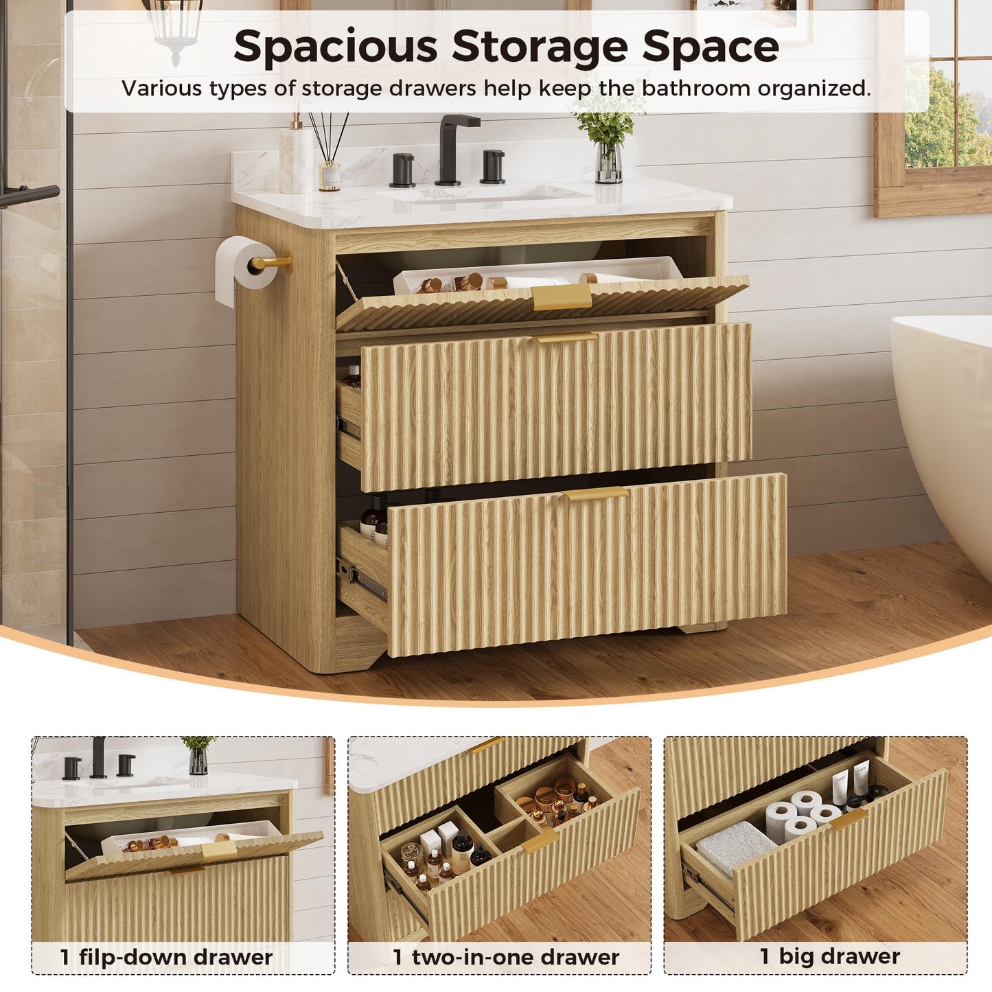 IRONCK 36 inch Bathroom Vanity with Ceramic Sink, Freestanding Wood Grain Sink Cabinet with 3 Storage Drawers (2 Standard + 1 Flip-Down), Farmhouse
